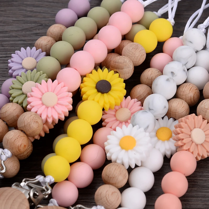 Baby Beech Round Wooden Clips Flowers Silicone Beads Pacifier Chain For Teether Nursing Toys Handmade Dummy Holder BPA Free