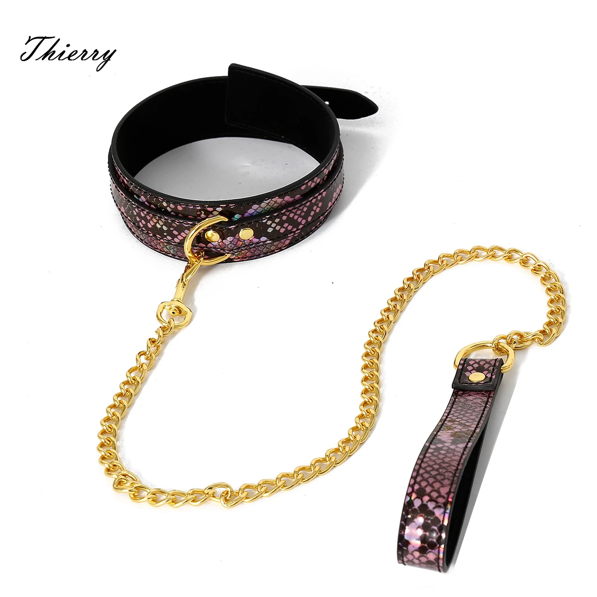 Thierry Adult Sex Toys Snakeskin Texture Neck Collar with Metal Chain Leash Bondage Restraint BDSM Adult Games Sex Toys