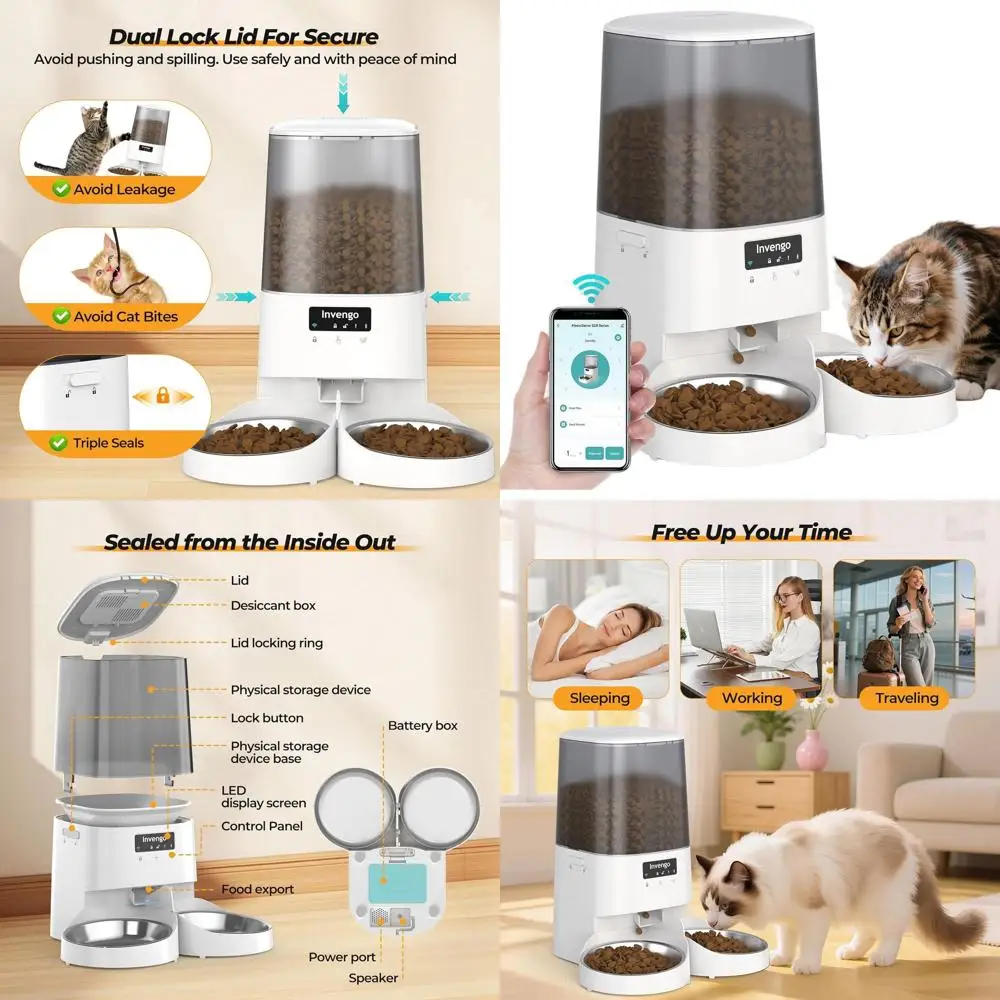 

Умная кормушка для кошек: дозатор на 5 л, с управлением через приложение, Wi-Fi, двойная мощность, регулируемые порции, защита от взлома, свежести блокировки, нержавеющая сталь, Ea