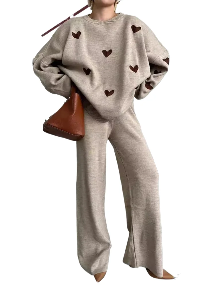 

Casual Knitted Sweater Long Pants Woman Set Loose Love Print Knitting Pullover Sweaters High Waist Pant Sets Female Chic Outfits
