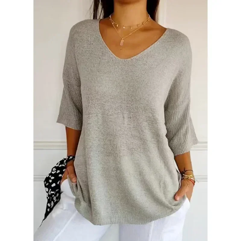 Women's Thin Sweater Knitwear Solid Color Knitted V-neck Tops Basic Loose T Shirts Three Quarter Sleeve Casual Bottoming Shirt