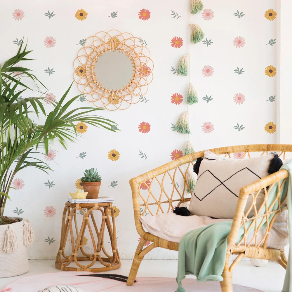 Boho Daisy Flowers Cartoon Floral  Wall Stickers for Kids Room Wall Decals Baby Nursery Room Home Decoration Girl Bedroom Interi