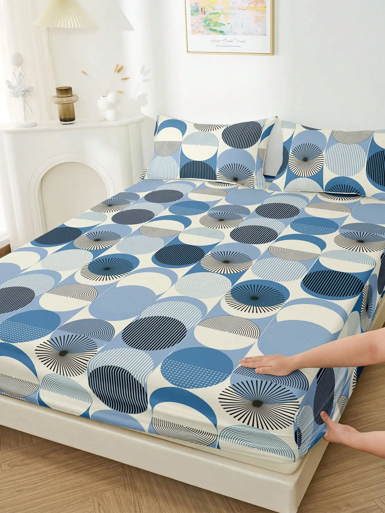 Gradient Blue Fitted Sheet Stylish Circle Plaid Pattern Printed Geometric Style Flat Sheet With 2 Pillowcases Modern Room Decor