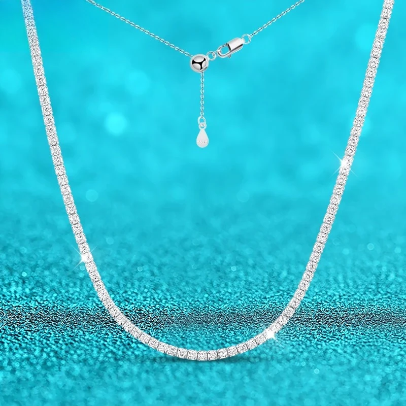 

Each 2mm All moissanite Tennis Necklace For Women Man Adjustable Choker Chain 100% 925 Sterling Silver Plated 18K Gold Jewelry