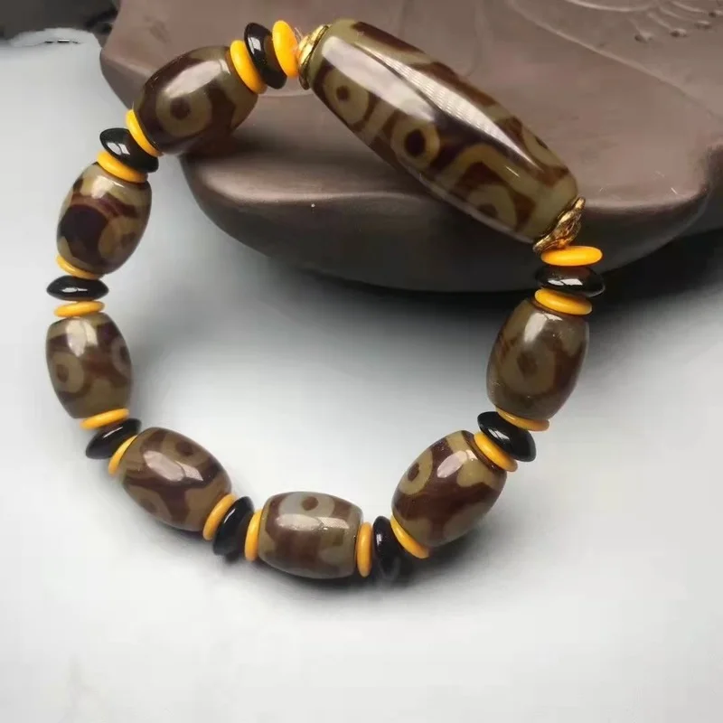 Natural Tibetan Agate Three Eye and Nine Eye DZi Bracelet, Men's and Women's Vintage National Style Bracelet