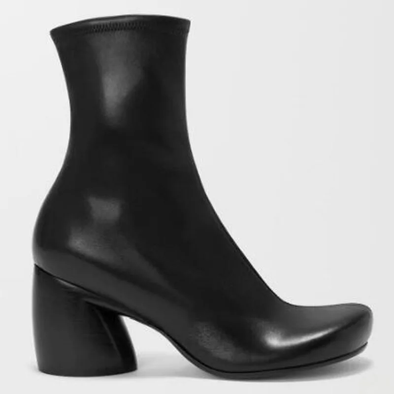 Black Smooth Leather Round Toe Ankle Booties Women Side Zipper 8 CM Unique Sculptural Block Heel Zipper Short Boots Ankle Boots