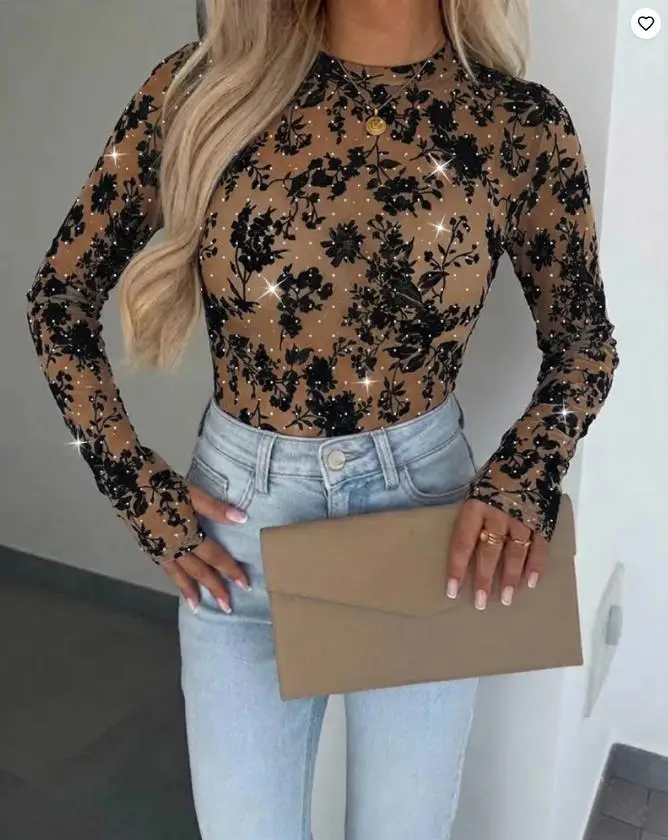 Women's Fashion Rhinestone Flocking Floral Sheer Mesh Top 2026 Spring New Round Neck Fitted Long Sleeve Tee with Thumb Holes