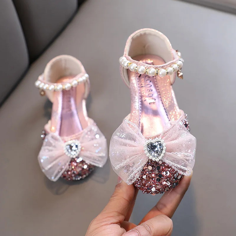 AINYFU Girls Sequined Princess Sandals Children's Lace Bow Leather Sandals Fashion Kids Pearl Rhinestones Single Shoes H793