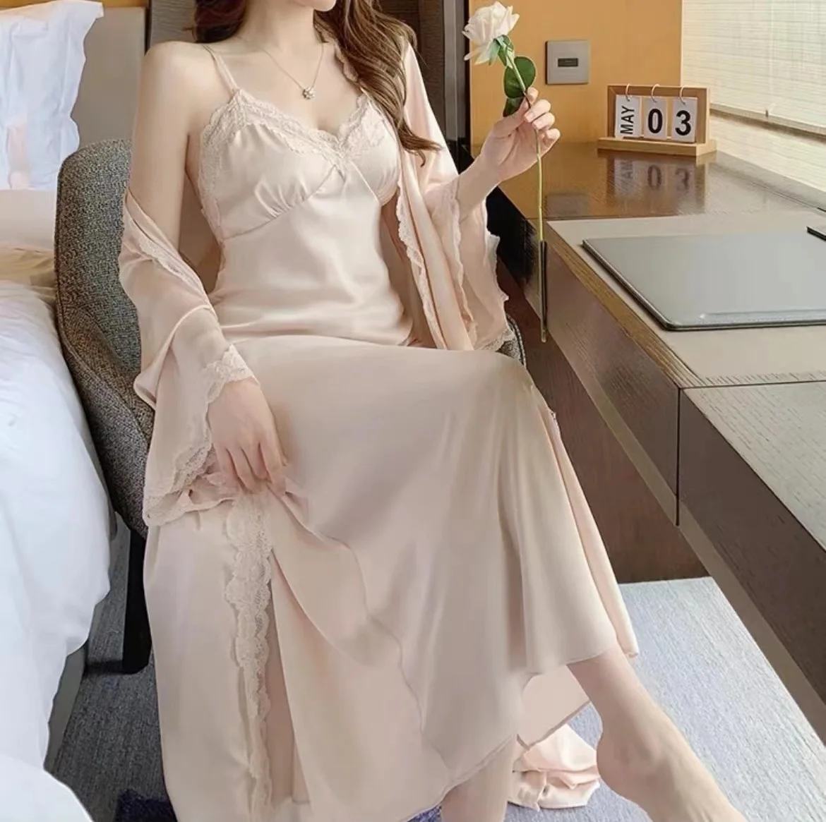 

Elegant Female Long Nighty&Robe Set Nightgown Sexy Spaghetti Strap Nightdress Lingerie Spring Summer Satin Sleepwear Homewear