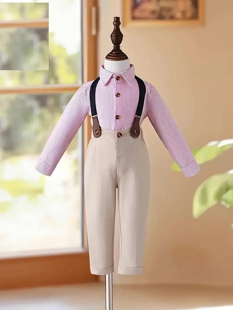 Boy's 4pcs Gentleman Suit Set With Shirt Pants Strap Bowtie For Stage Performance Graduation Ceremony And Holiday Party