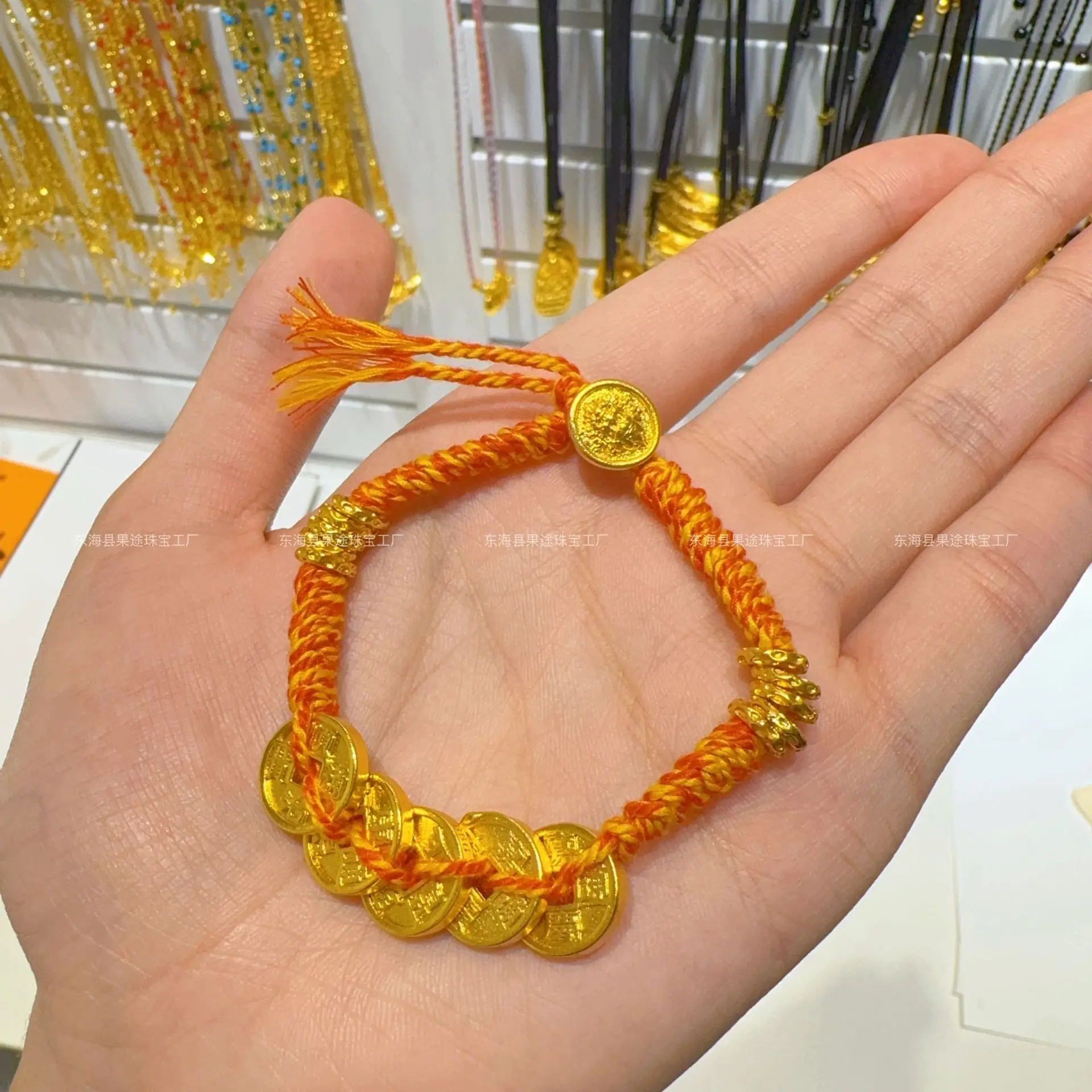 

Plated With Real Gold Preservation Ancient Sand Gold Copper String Hand Woven Color Five Emperor Coins Bracelet That Girls Gift
