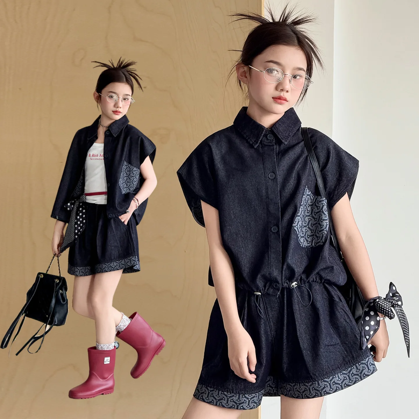 

summer teen girls clothes set Off shoulder sleeveless denim shirt+Color blocked denim shorts+scarf belt 3pcs juniore kid outfits