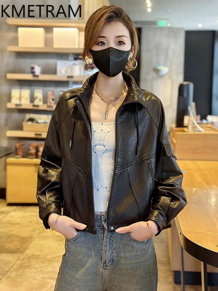 Damska kurtka ze 100% naturalnej skóry bydlęcej, krótkie, wysokiej jakości kurtki damskie z prawdziwej skóry, nowości w odzieży wierzchniej, jesienne ubrania 2025, kurtka skórzana