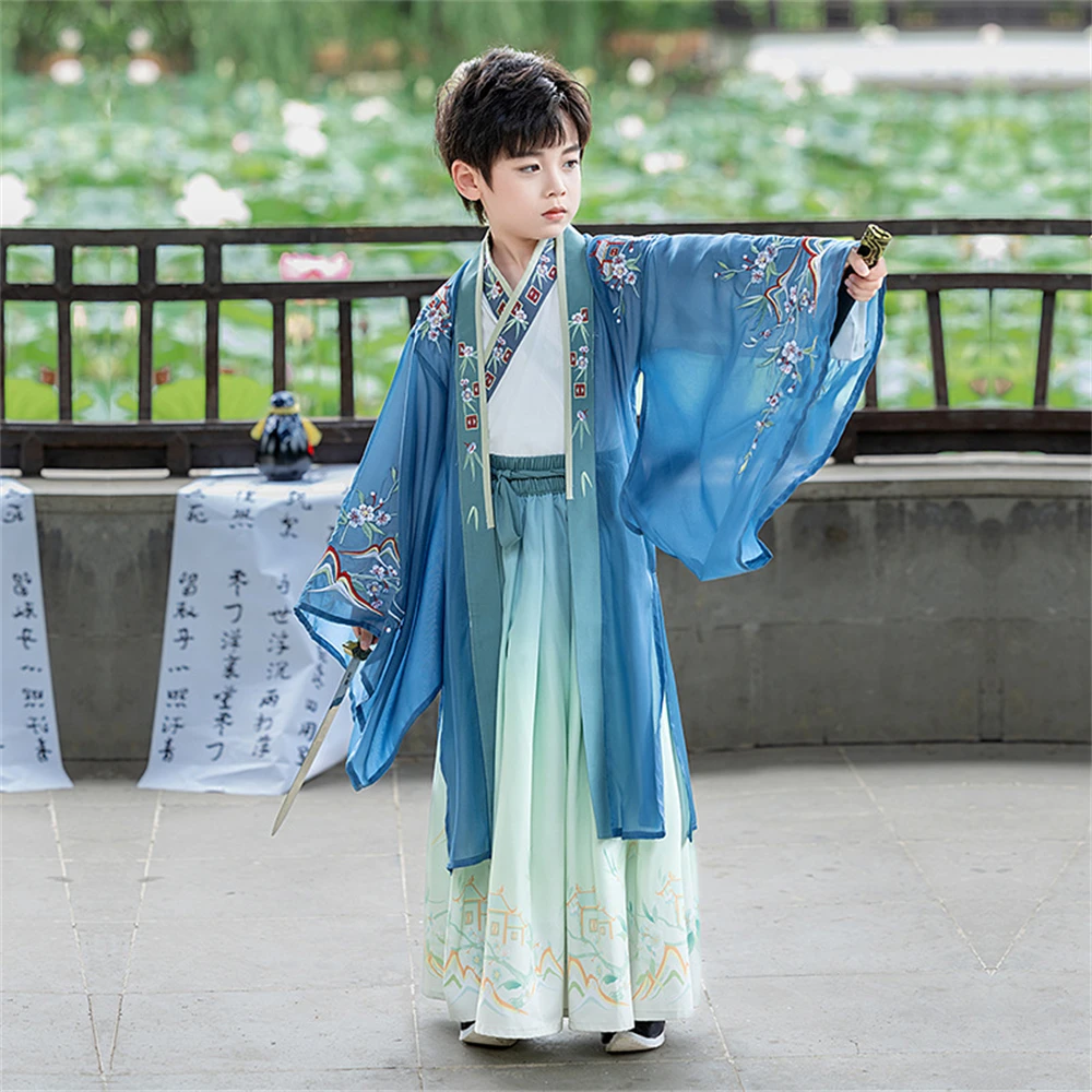 Hanfu conjunto de 3 peças para meninos, original, melhorado, antigo, infantil, fada, estudioso, desempenho, chinês tradicional, novo