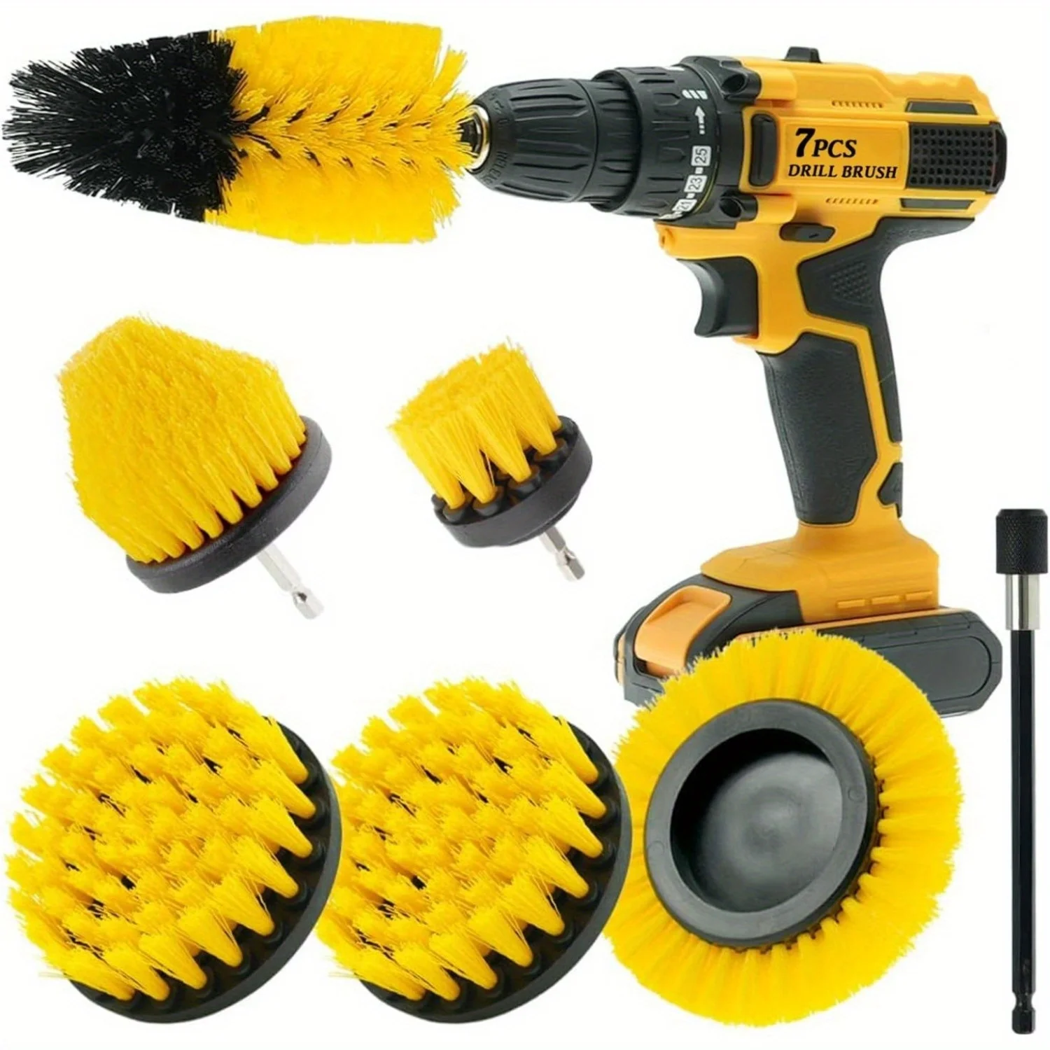 7PCS Drill Brush Attachment Set Car Cleaning Brush Kit with Extend Long Attachment for Bathroom Grout Floor Tub Shower Kitchen