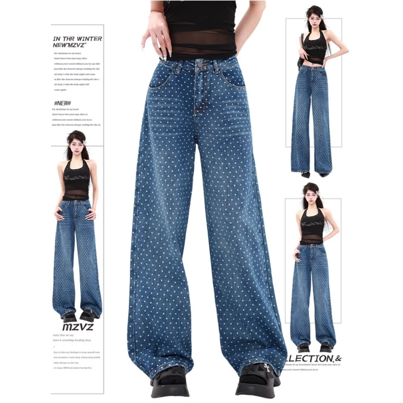 

Blue Womens Jeans Wave Point High Waist Straight Baggy Denim Pants Europe and America Fashion Y2K Female Wide Leg Denim Trouser