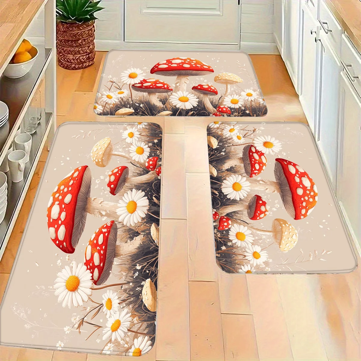 Kitchen Rug Mushroom Flower Pattern Design Comfortable Mats, for Bedrooms, Living Rooms, Dining Areas, Bathrooms, Laundry Rooms