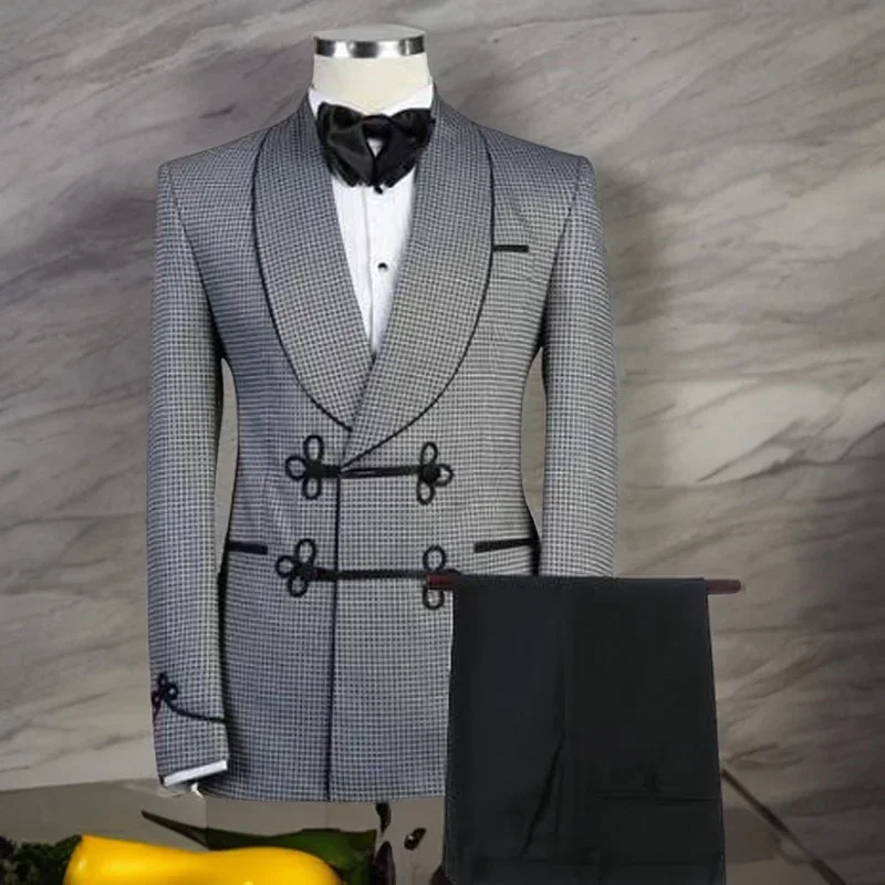 

Houndstooth Men Suits Smoking Jacket With Chinese Button Double Breasted Formal Tuxedos Dinner Prom Blazer 2 Piece (Jacket+Pant)