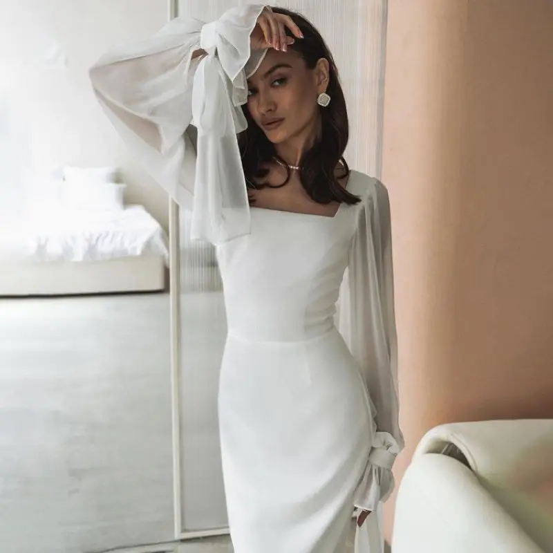 Elegant Mesh White Women Evening Dress Long Sleeve Square Collar Flare Sleeve Female Maxi Curvy Trumpet Dresses 2024 White Party