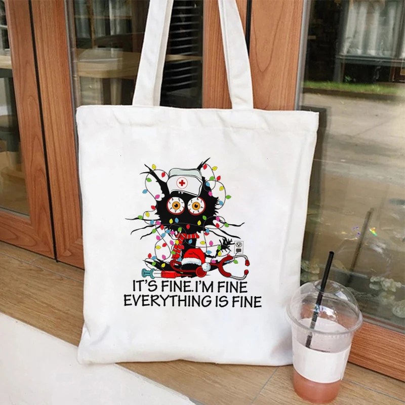 I\'m Fine Everything Is Fine Canvas Bag for Women Shopper Funny Christmas Lights Cat Handbags Torba na ramię wielokrotnego użytku