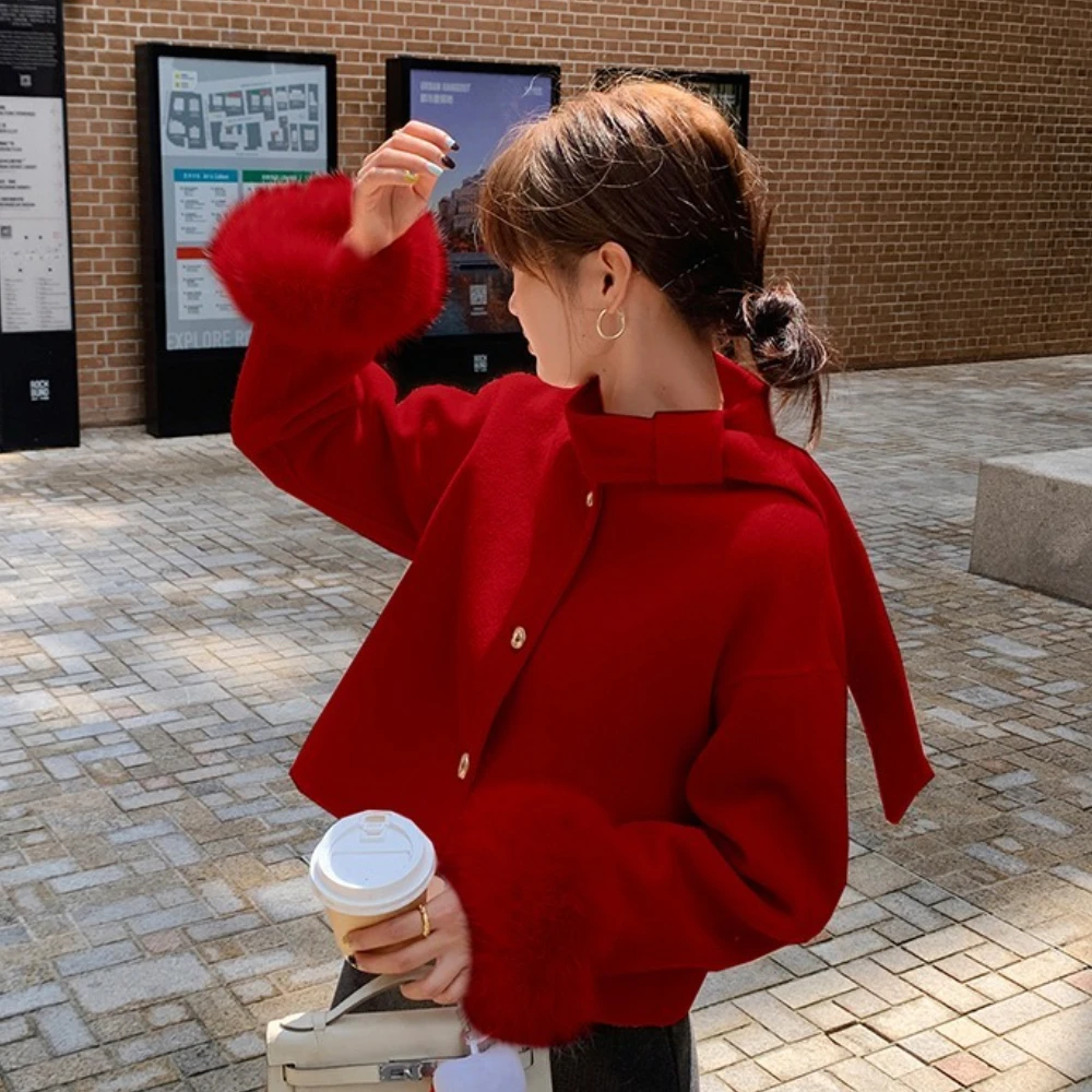 Wool Blend Coat 2025 Autumn Winter Fashion Real Fur Coat Natural Fox Fur Jacket Cuff Ladies Outwear Female Cashmere Woolen Women