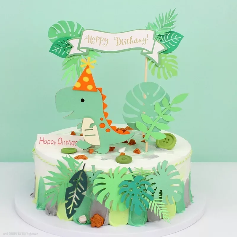 Dinosaur Cake Toppers Jungle Safari Dino Theme Party Cake Decor Palm Leaves Kids Birthday Party Decorations Baby Shower Supplies