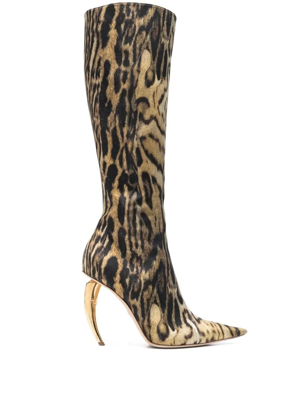 Leopard Pattern Knee High Boots Pointed Toe Pull‑On Tall Boots Shiny Metallic Gold Stiletto Heel Footwear for Street Style