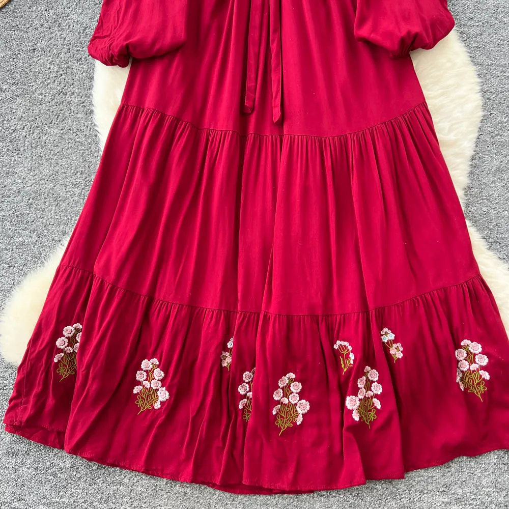 Chic vintage Embroidered print Elegant Fairy korean fashion Boho Sundress women clothing Long dress