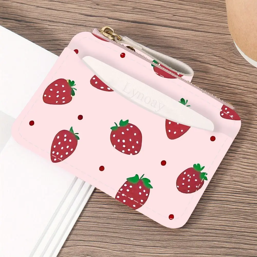 Cute Strawberry Print Card Clip Wallet Ultra-thin Lightweight Credit Card Holder Zipper Small Card Case for Women Girls