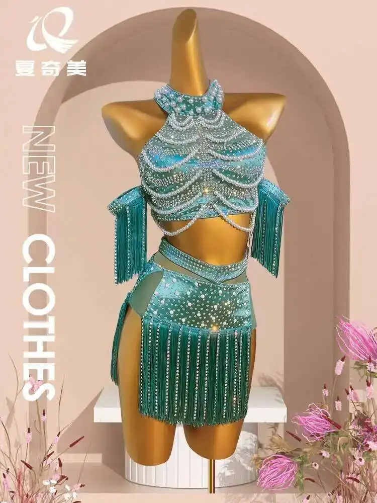 

Summer Qimei Latin Dance Competition Costume Children's Fringe Skirt Adult Performance Costume with Rhinestones Art Exam Cha