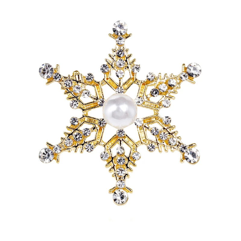 Luxury Rhinestone Imitation Pearl Snowflake Brooch For Women Festivel Christmas Snow Flower Pins Badge New Year Jewelry Gift