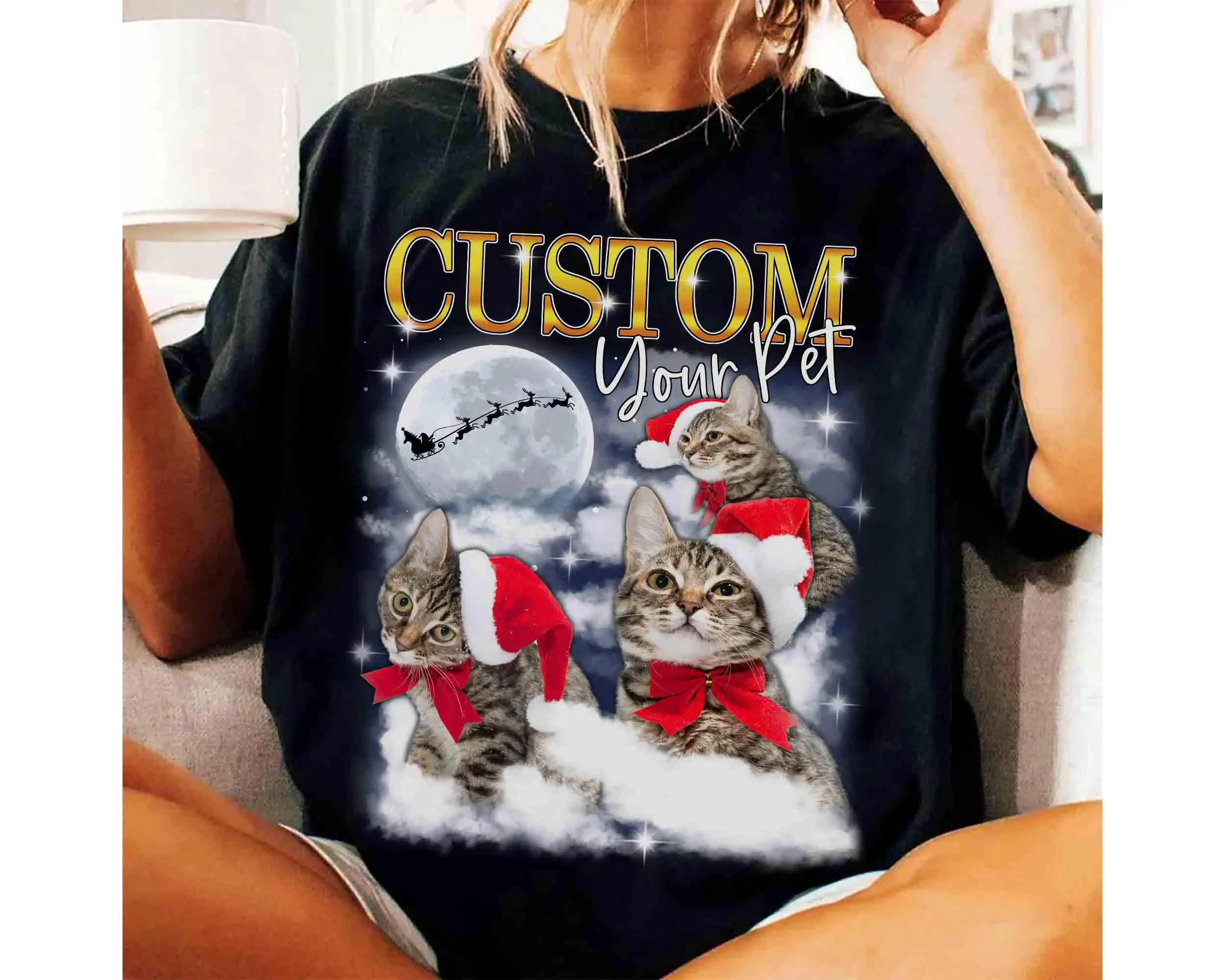 

Customize Bootleg Pet Christmas Shirt Custom Photo Pet Portrait Tee Personalized Name Dog Cat Lovers Holiday Shirt