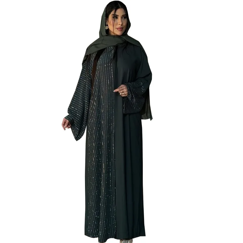 Elegant Rhinestone Embellished Abaya Loose Long Sleeve Modest Abaya Front Snap Closure Open Abaya Fashionable Draped Robe