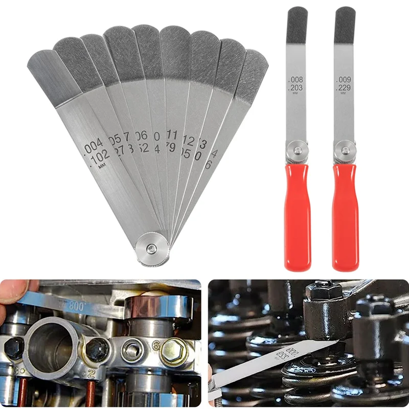 

A308 Offset Valve Tappet Gauge Set Premium 11-Blade Feeler Gauge Kit Sizes from 0.004" to 0.014" includes Two Red Handles