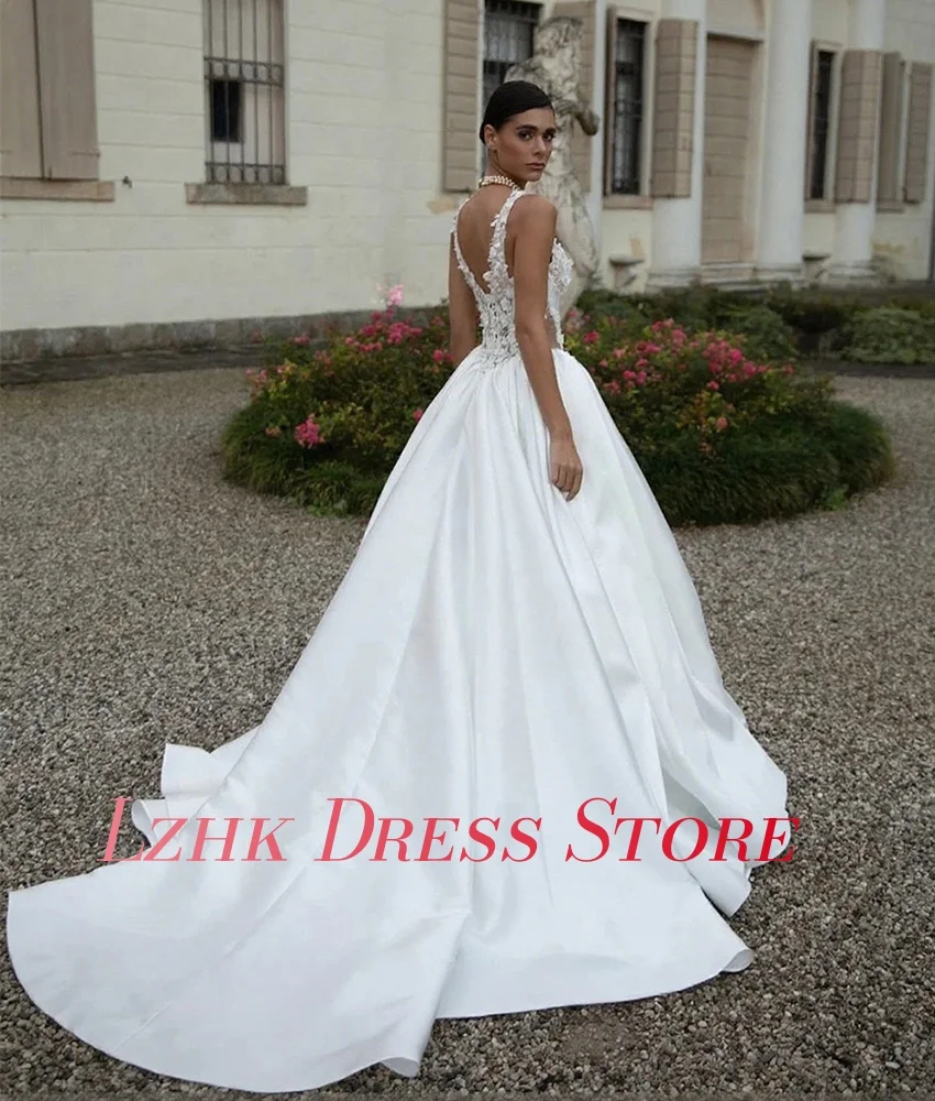 カスタマイズされた優雅なサテン A ライン スパゲッティ ストラップ アップリケ イブニング ドレス セクシー ノースリーブ 恋人 フロアレングス プロム ドレス