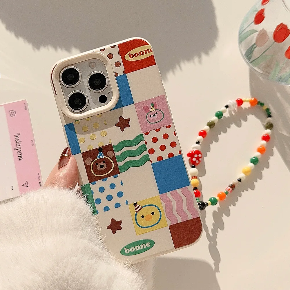 초콜릿 베어 핑크 토끼 줄무늬 도트 아트 휴대폰 케이스, 아이폰 16, 15, 14, 13, 12, 11 프로 맥스, 16 플러스 케이스, 귀여운 만화 소프트 커버
