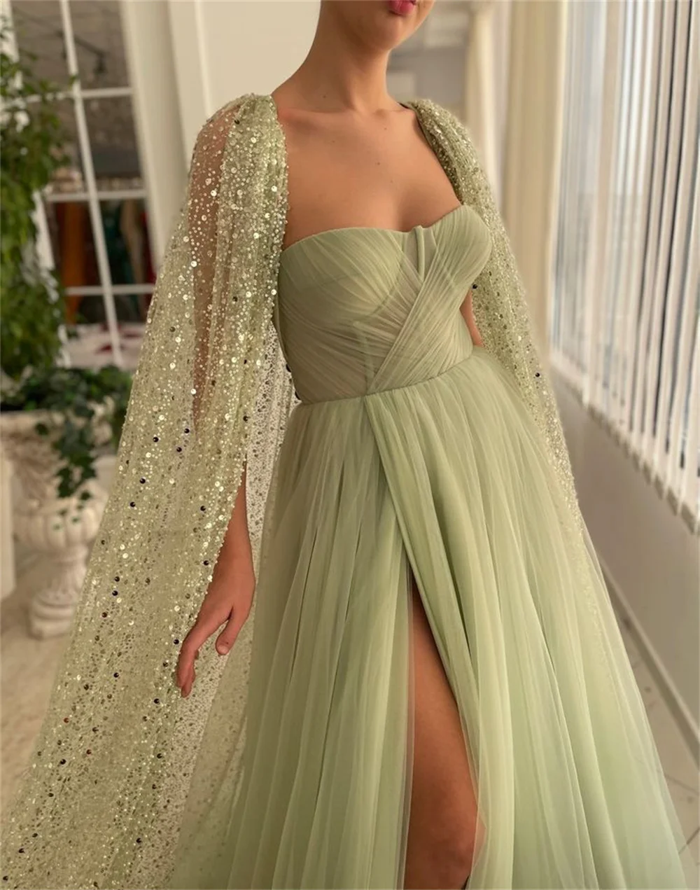 Sansa Light Green فساتين السهرة Detachable Shawl Vestidos De Noche Elegant Sleeveless Strapless Side Split Prom Dresses 2024