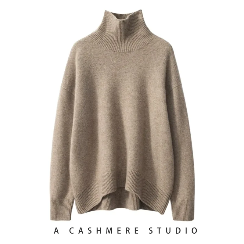 Suéter grueso de Cachemira para mujer, jersey de cuello alto, cálido, suelto, Base de punto, chaqueta, Tops, otoño e invierno, 2023