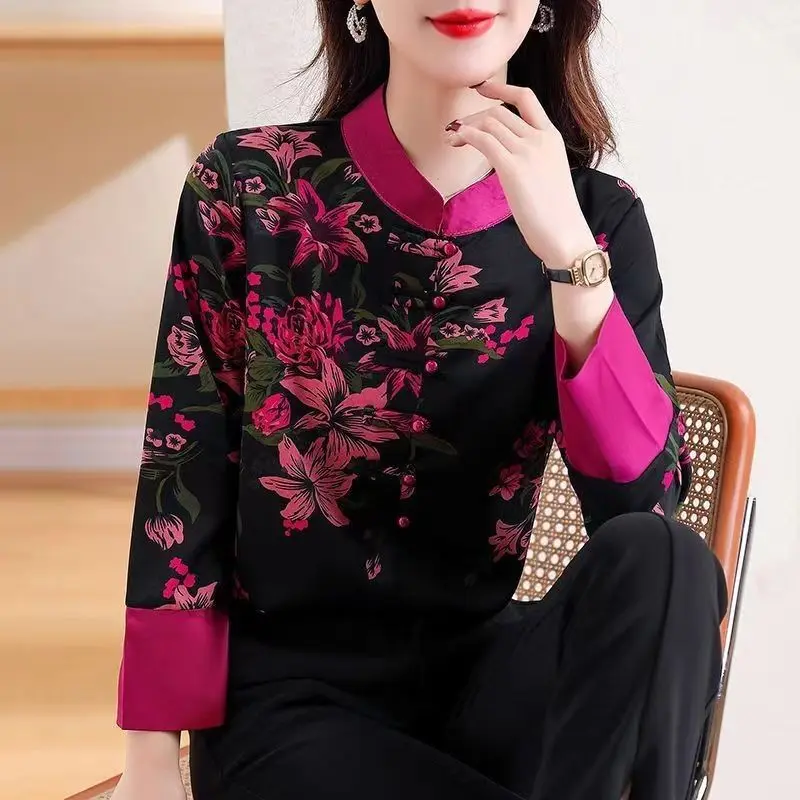 Clothes for Women Chinese Style Vintage Floral Print Shirt Stand Collar Elegant Temperament Blouses Female Chic Long Sleeve Tops