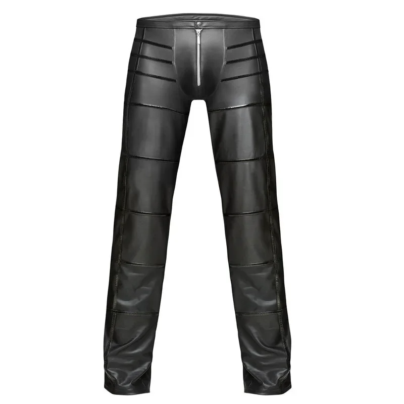 Men Wetlook Black PU Leather Pant Patchwork Open Front Zipper Design Moto Jeans Clubwear Trousers Nightclub Pants Shiny Trousers