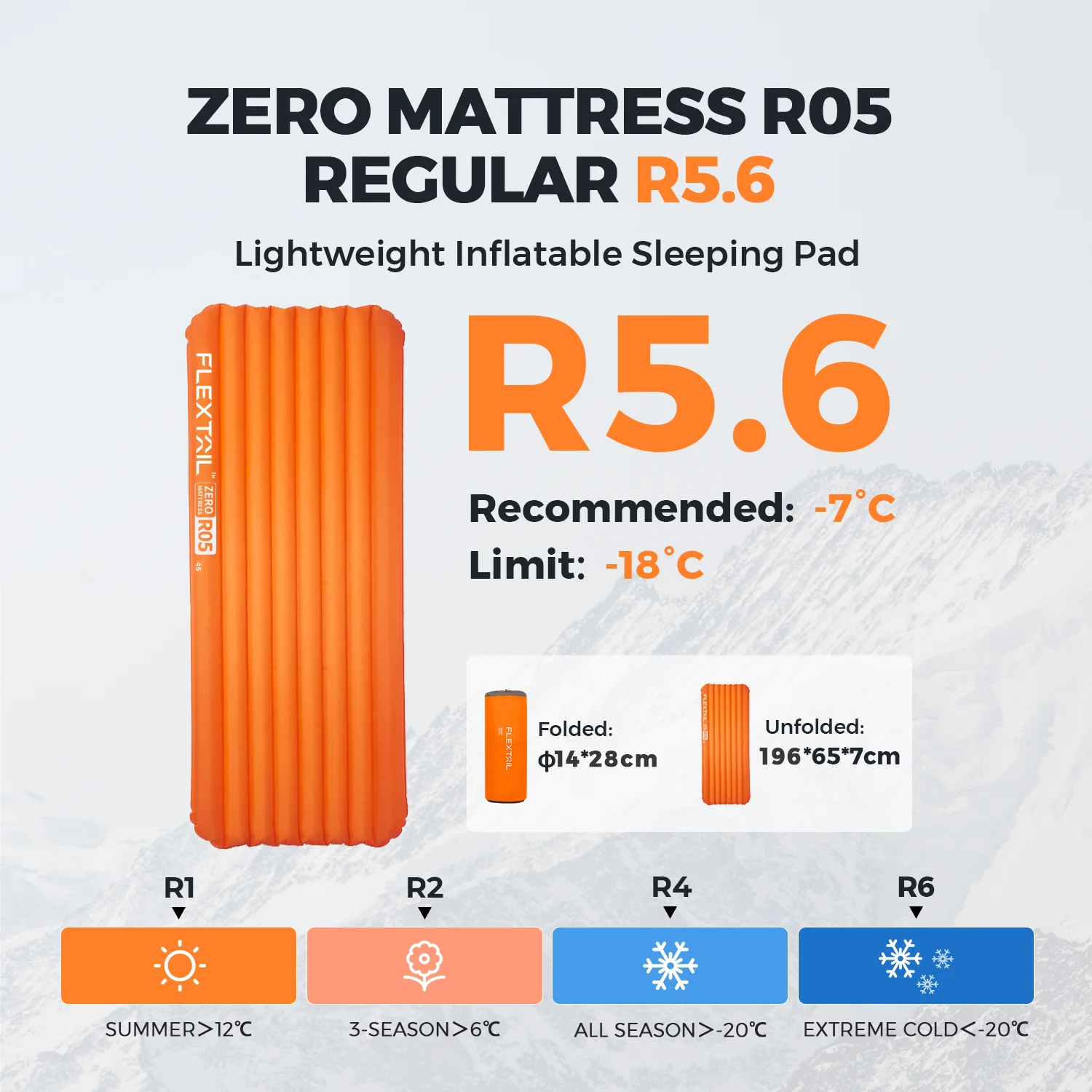 

FLEXTAIL ZERO MATTRESS PLUS - 196 cm Insulated Sleeping Pad with 5.6/6.0 R-Value, Ultralight Inflatable Camping Mattress