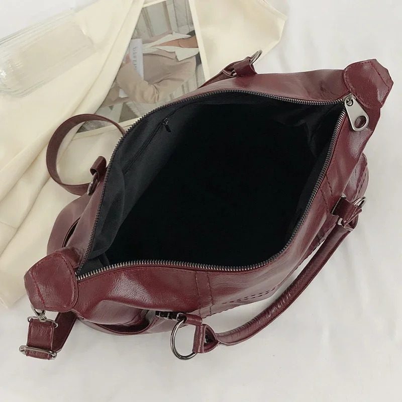 Wine Red Handbag for Women Large Capacity Pu Leather Ladies Armpit Shoulder Bags Sewing Thread Pattern Female Hobo Crossbody Bag