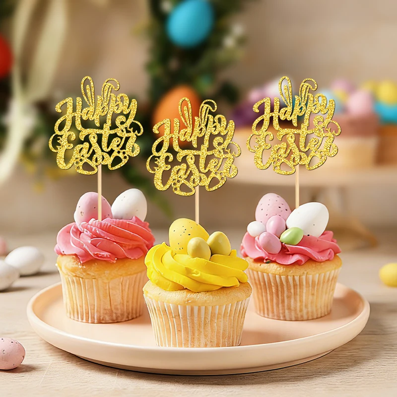 YOMDID 24 Stück Frohe Ostern Cupcake-Topper Glitzernde 'Happy Easter' mit Hasenohren und Hasenpfoten Kuchen-Topper Picks Osterdekoration