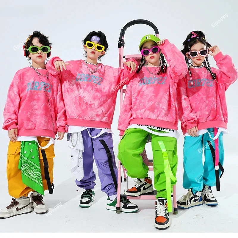 Boys Hip Hop Tie-dyed Sweatshirt Street Dance Cargo Pants Girls Fashion Pullover Clothes Sets Kids Streetwear Child Jazz Costume