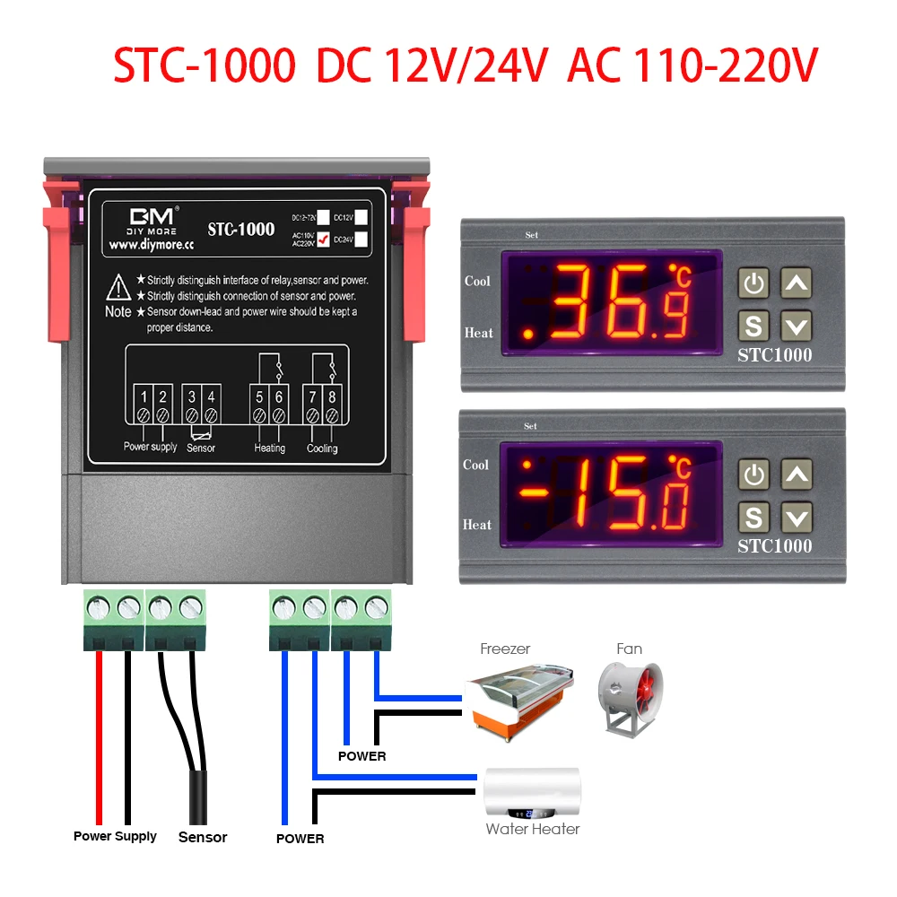 STC-1000 Digital Temperature Controller AC 110-220V DC12V 24V NTC Sensor Red Display -50~99°C Measuring Range Relay Output