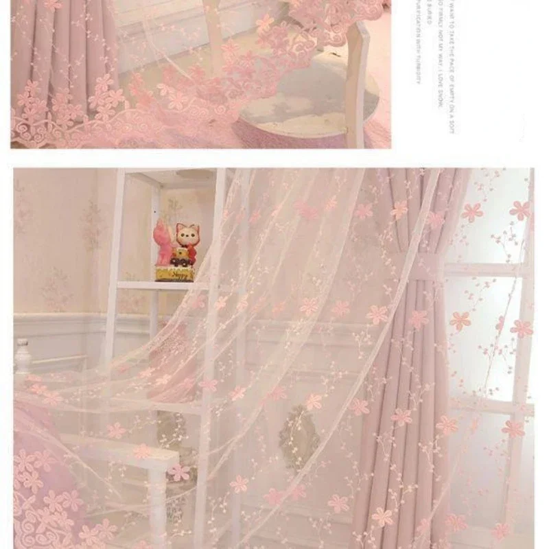 Pink Lace Screen Curtain Window Curtains for Living Room French Window Balcony Bay Window, Finished Partition Curtain