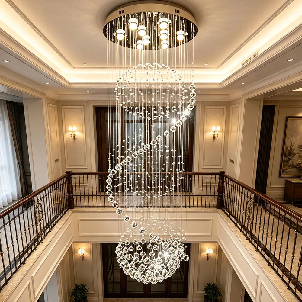 Long Spiral Waterfall Crystal Chandelier Dimmable LED Ceiling Light For Duplex Villa Staircase High Hall