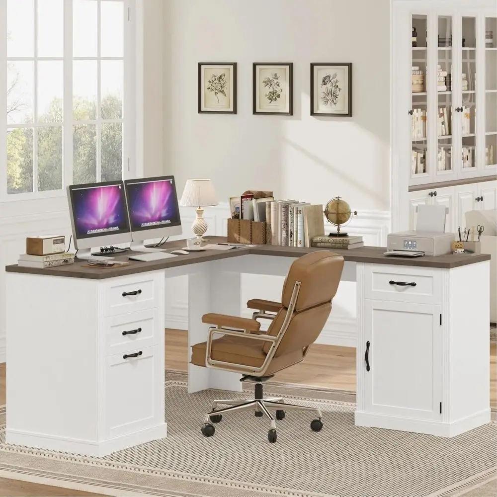 

60 L-Shaped Computer Desk with Power Outlets, 3 Drawers & 2 File Cabinets, White