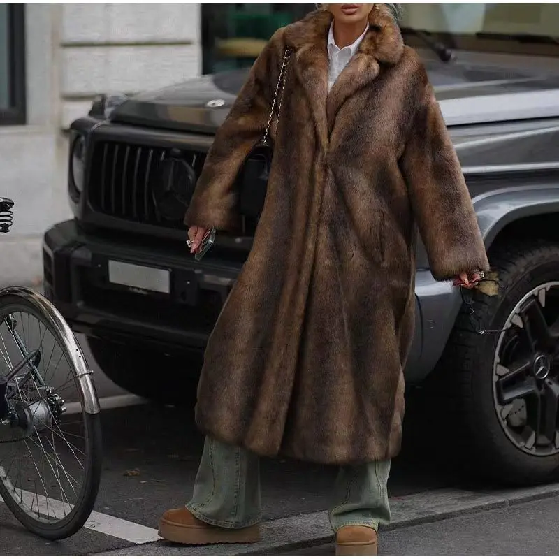 Luxo high-end fofo feminino chique pele do falso longo casaco marrom escuro inverno quente trench coat grosso jaqueta de pele à prova de vento outerwear