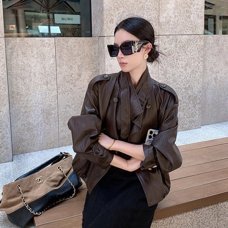 미국 빈티지 PU 가죽 재킷 여성 텍스처드 루즈 캐주얼 크롭 코트 프리미엄 봄 가을 스탠드 칼라 스트리트 아우터웨어